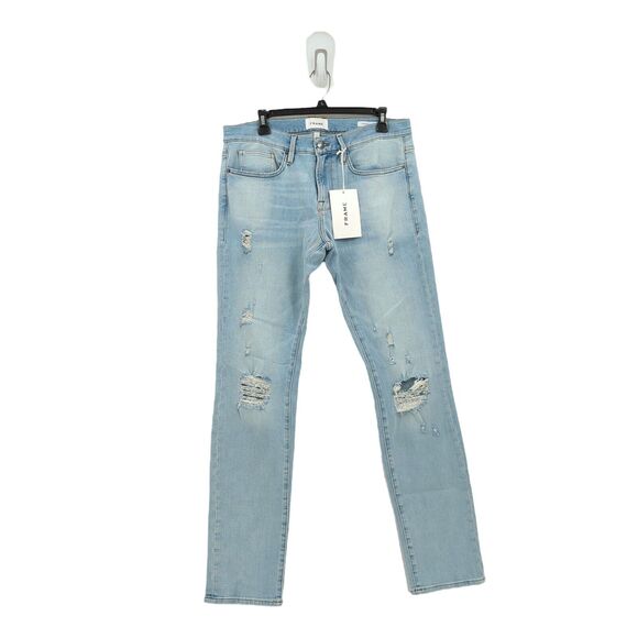 FRAME Men 32 L'Homme Jeans Tubman Blue Skinny Denim Distressed Whisker Mid Rise - Picture 2 of 11
